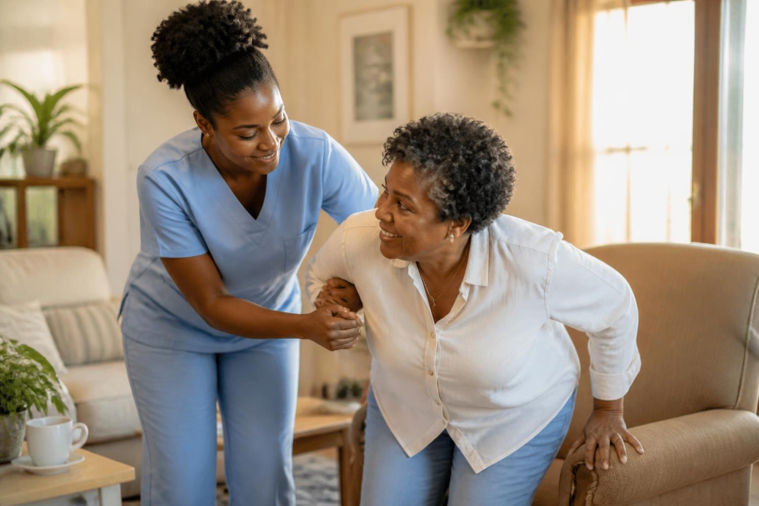 Caregiver gently supporting an elderly resident at home